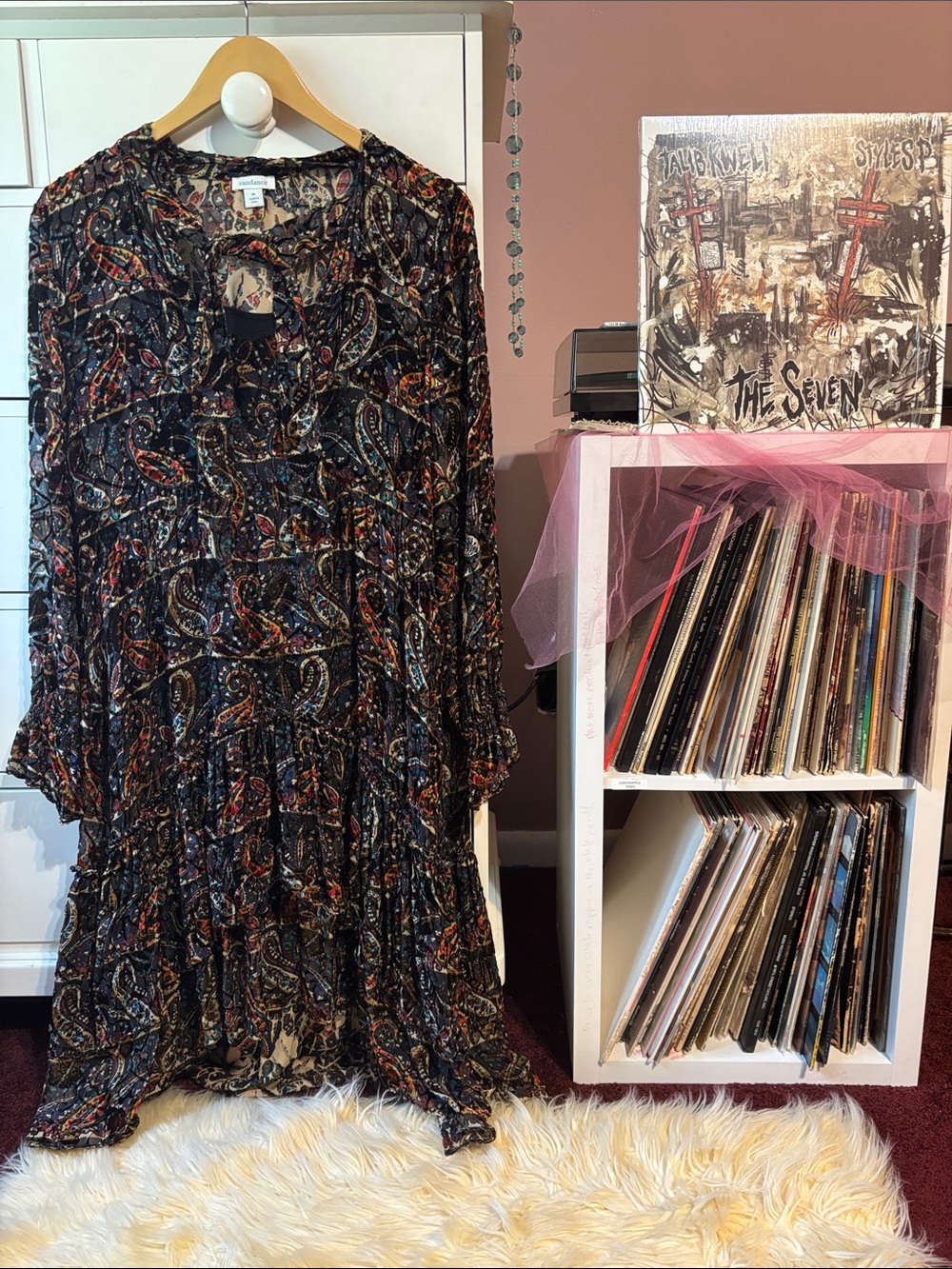Sundance Silk Carina Velvet Burnout Long Sleeve Dress Medium Tiered Prairie Boho